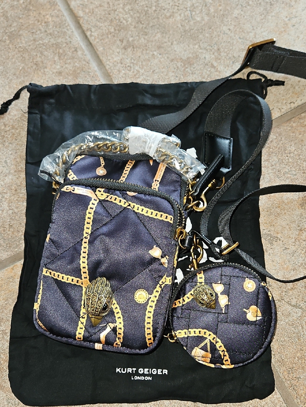 Kurt Geiger Navy Quilted Crossbody with Gold Chain Print and Coin Pouch